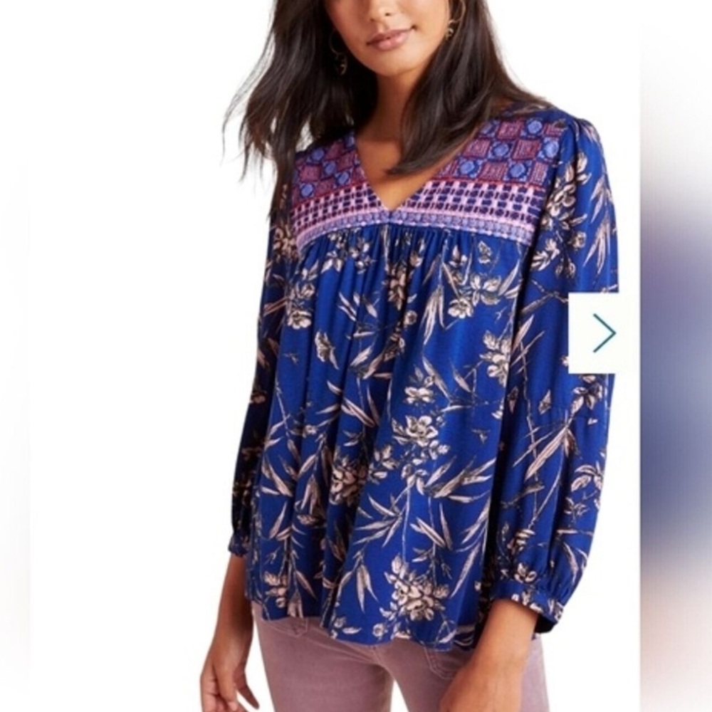 Anthropologie Blue and Purple Floral Blouse